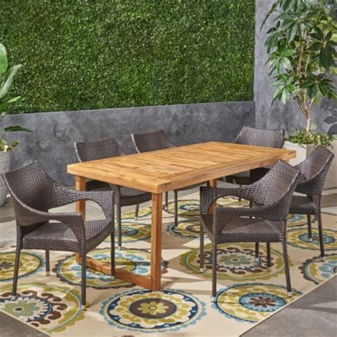 Noble House Lecanto 7 Piece Outdoor Acacia Wood Dining Set In Sandblast