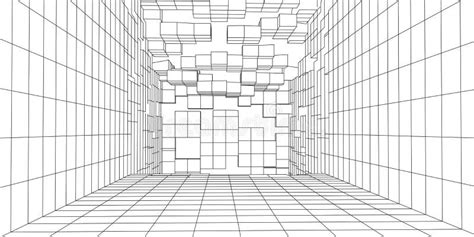 D Futuristic Wireframe Room On White Background Abstract Perspective