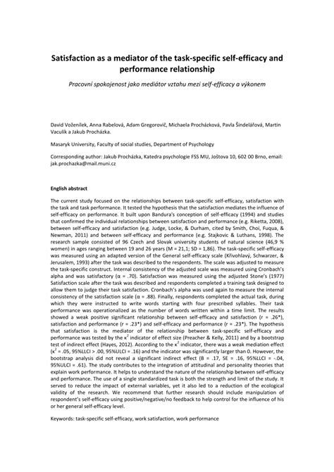 PDF Satisfaction As A Mediator Of The Task Specific Self Efficacy And