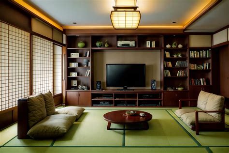 Japanese Design-style Living Room Interior With Bookshelves And ...