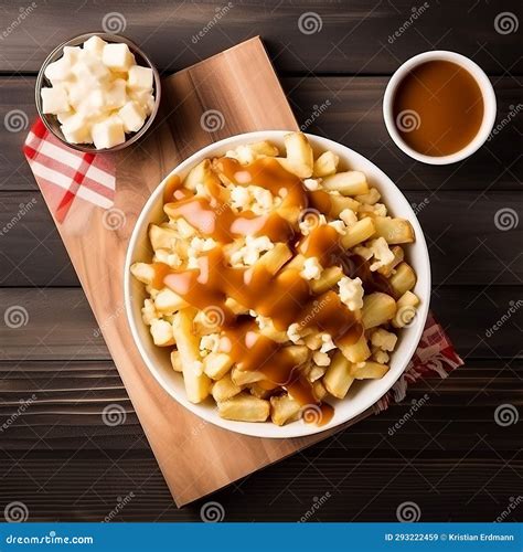 Iconic Canadian Delicacies: Poutine and Maple Syrup Flat Lay Scene