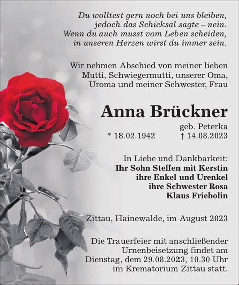 Anna Br Ckner Traueranzeige S Chsische Zeitung