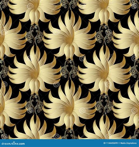 Floral Seamless Pattern Digital Paper Black Gold Hand Drawn Flower