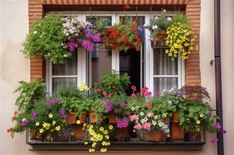 Premium AI Image | Window garden with blooming flowers and herbs on ...