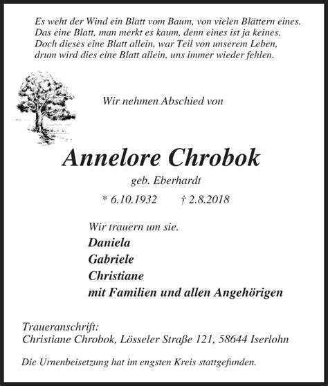 Traueranzeigen Von Annelore Chrobok Trauer In NRW De