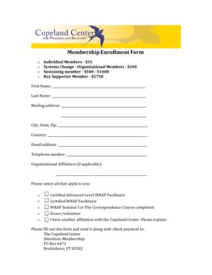 Fillable Online Membership Enrollment Form Copeland Center For