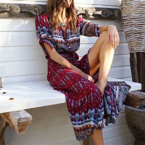 Cute Autumn Bohemian Printing Long Women Dress Floral Print Retro