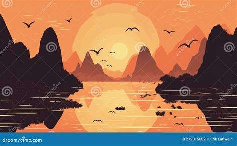 Li River China At Sunset Illustration Retro Style Made With