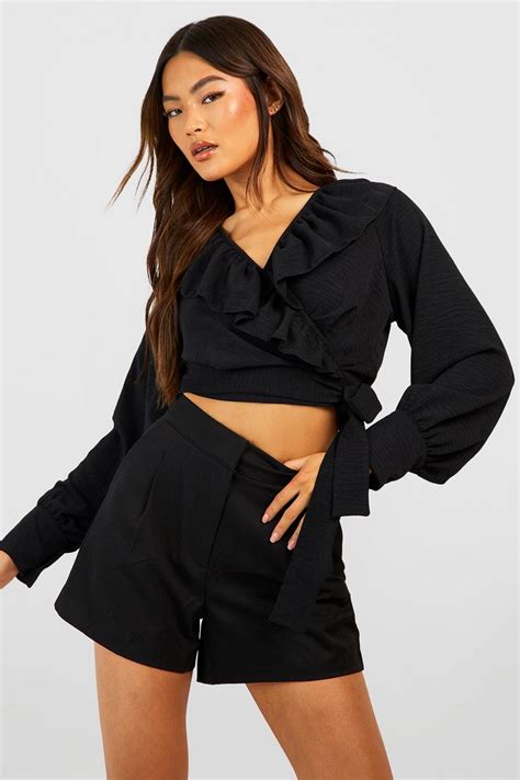 Black Hammered Volume Sleeve Wrap Ruffle Blouse Boohoo Uk