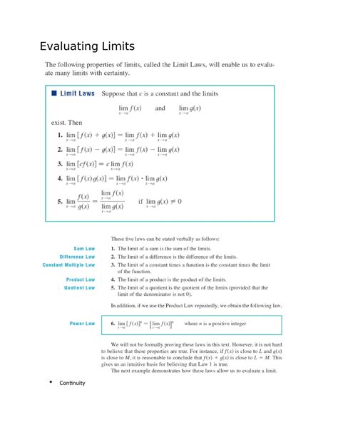 Evaluating Limits Math Evaluating Limits Continuity Studocu