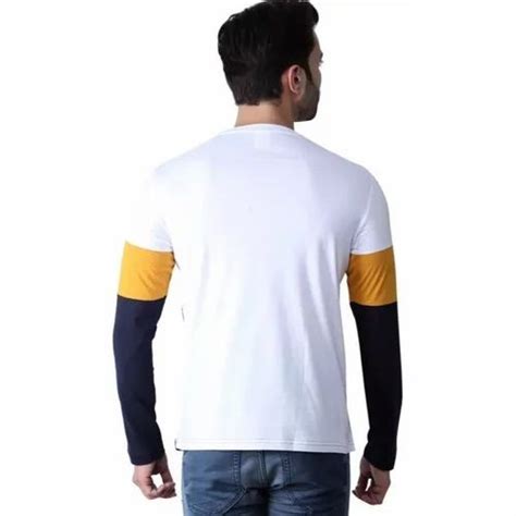 White Yellow And Navy Blue Men Plain Cotton Full Sleeves T Shirt Round