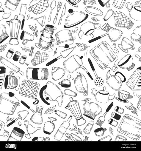 Vector Hand Drawn Kitchen Tools Seamless Pattern Vintage Background