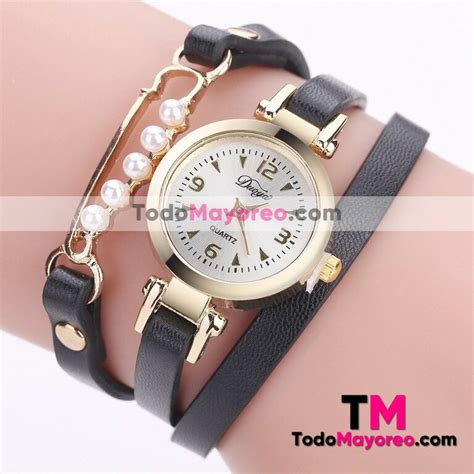 Reloj Pulsera Duoya Negro Extensible Piel Sint Tica Perlas R