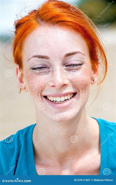 Young Beautiful Redhead Freckled Woman Smiling Stock Image Image Of