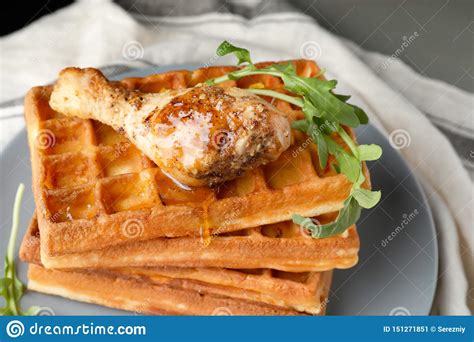 Delicious Waffles With Chicken Drumstick On Plate Closeup Stock Image Image Of Waffles