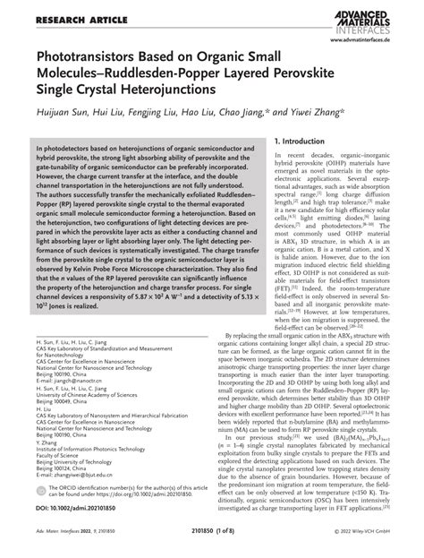 Phototransistors Based On Organic Small MoleculesRuddlesdenPopper