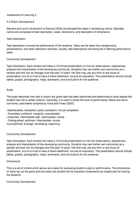 Designing Performance Based Assessment Of Learning 2 3 Rubric