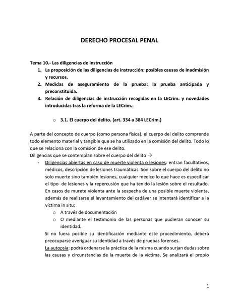 Apuntes Proce Penal DERECHO PROCESAL PENAL Tema 10 Las Diligencias