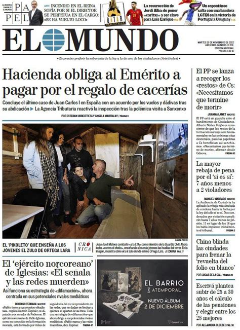 Portada De El Mundo Del Martes De Noviembre De Medios