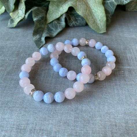 Blue Lace Agate Rose Quartz Bracelet Set Divine Love Anxiety Self