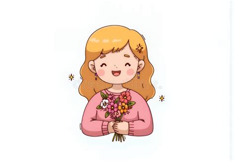 Cheerful Blonde Chibi Girl Cartoon In Delicate Korean Style Holding Colorful Flower Bouquet