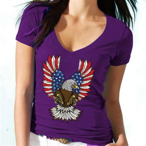 Oxi American Usa Flag Eagle Printed Women V Neck Tee Shirt Color