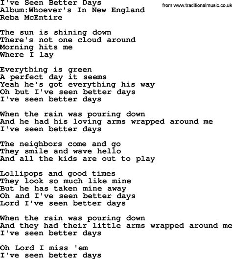 I've Seen Better Days, by Reba McEntire - lyrics