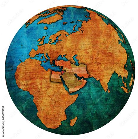 Map Of Jordan Territory Located In Middle East Region With Country Flags Over Globe Map Stock