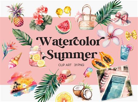 Watercolor Summer Clipart 31 Png Commercial Use Summer Graphics