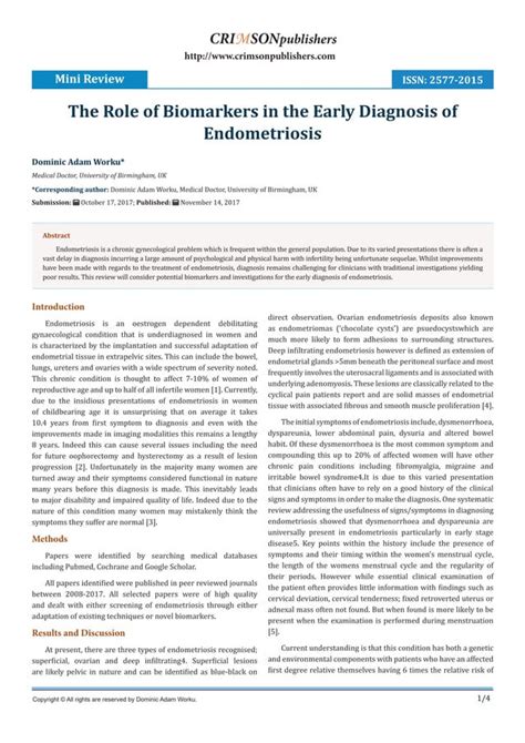 The Role Of Biomarkers In The Early Diagnosis Of Endometriosis Crimson