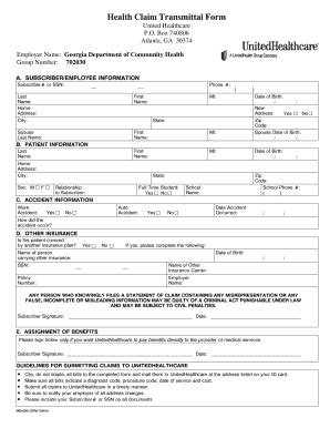 Fillable Online Dch Georgia Uhc Health Claim Transmittal Form Fax Email