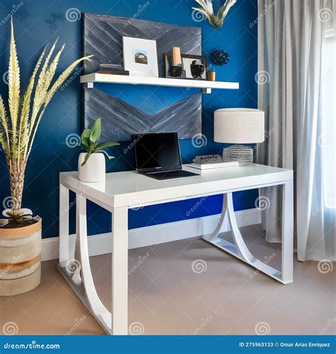 11 A Coastal Inspired Home Office With A White Desk A Blue Accent Wall