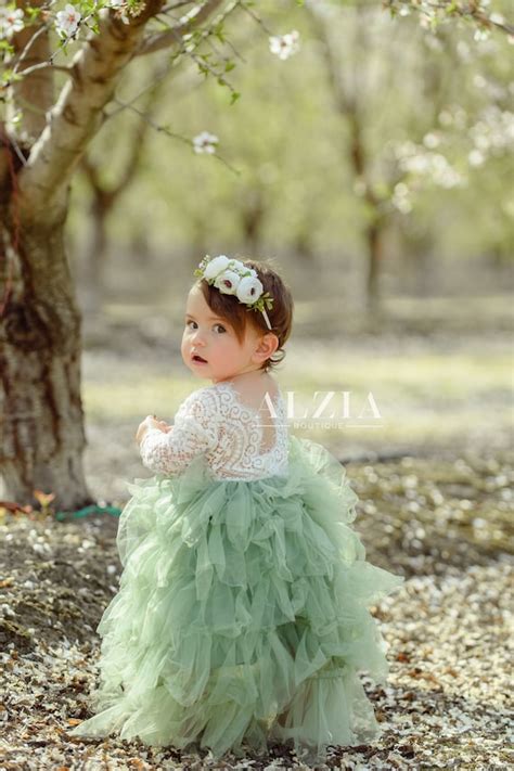 Sage Green Lace Flower Girl Dress Scalloped Edges Back Party Etsy