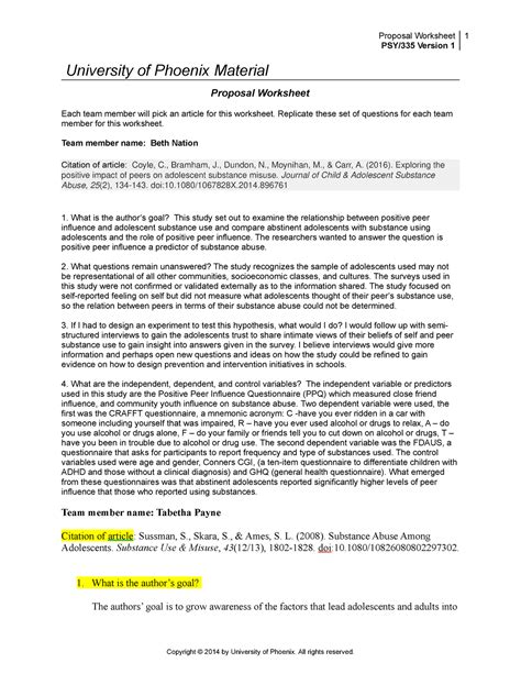 Psy335r1 Proposal Worksheet PSY 335 Version 1 University Of Phoenix