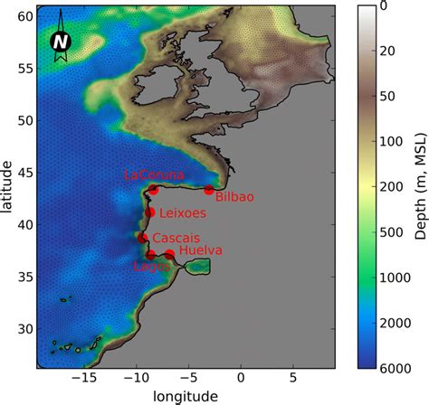 Ocean Model Domain Bathymetry Grid And Tidal Stations Used In The Download Scientific Diagram