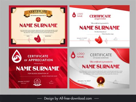 Blood Donation Certificates Templates Collection Elegant Modern Vectors