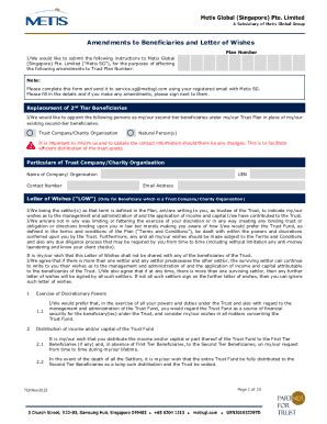 Fillable Online Amendments To Beneficiaries And Letter Of Wishes Fax