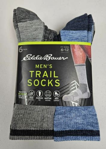 Eddie Bauer Men’s 6 Pairs Trail Socks Arch Support Size 6 12 Antimicrobial Blue Ebay