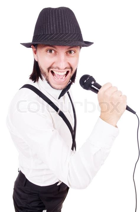 Funny man singing isolated on the white | Stock image | Colourbox