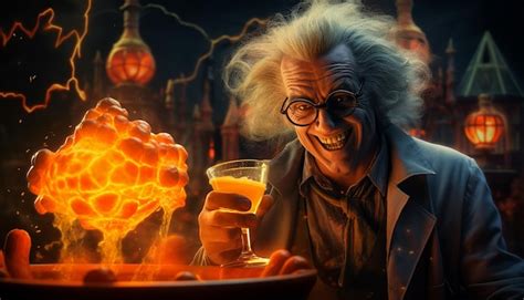 Premium AI Image A Mad Scientist Drinking A Orange Glowing Liquid In