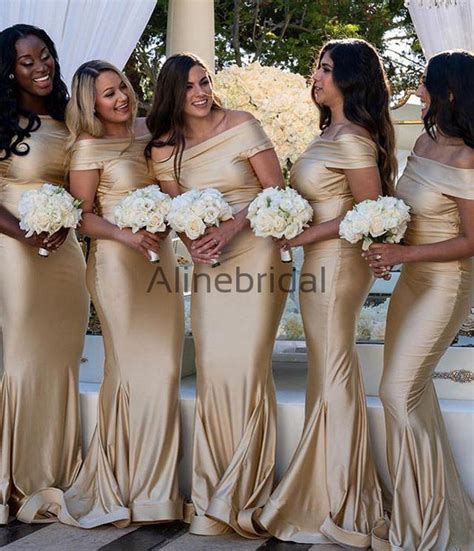 Gold Off Shoulder Mermaid Fashion Bridesmaid Dresses Ab4065 Alinebridal