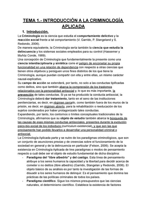 Tema 1 Resumen Tema 1 IntroducciÓn A La CriminologÍa Aplicada 1