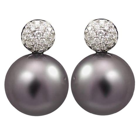 Polynesian Grey Pearl Stud Earrings With Pave White Diamonds At 1stdibs