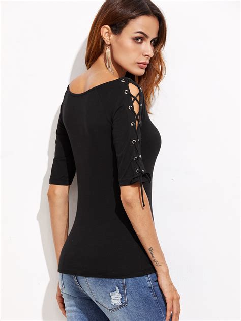 Eyelet Lace Up Sleeve T Shirt Shein Sheinside