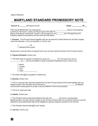 Free Maryland Promissory Note Templates PDF Word