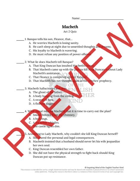 Macbeth Act 2 Quiz and Answer Key | Teaching Resources