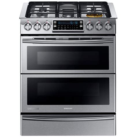 Samsung 30 In 5 8 Cu Ft Slide In Dual Door Double Oven Dual Fuel Range With Self Cleaning