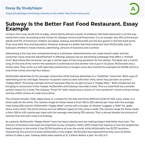 Subway Is The Better Fast Food Restaurant Essay Example