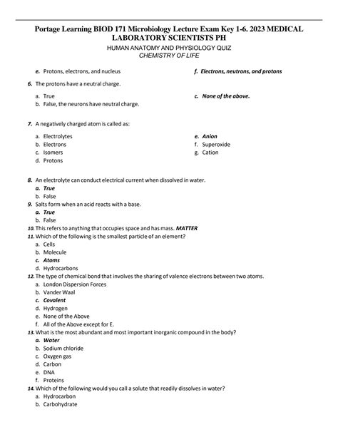 SOLUTION Portage Learning Biod 171 Microbiology Lecture Exam Key 1 6