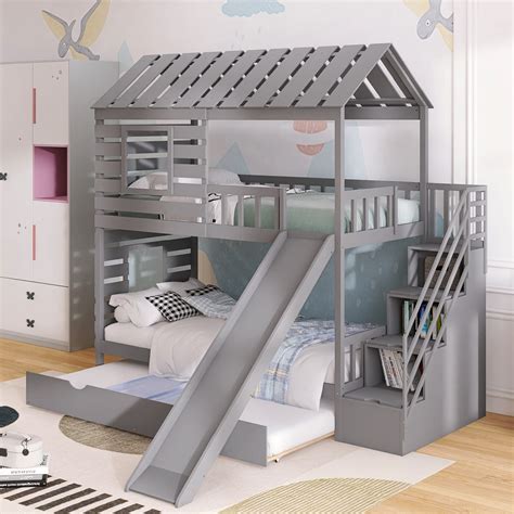 Buy HYC House Bunk Bed With Slide And Trundle Twin Over Twin Bunk Bed